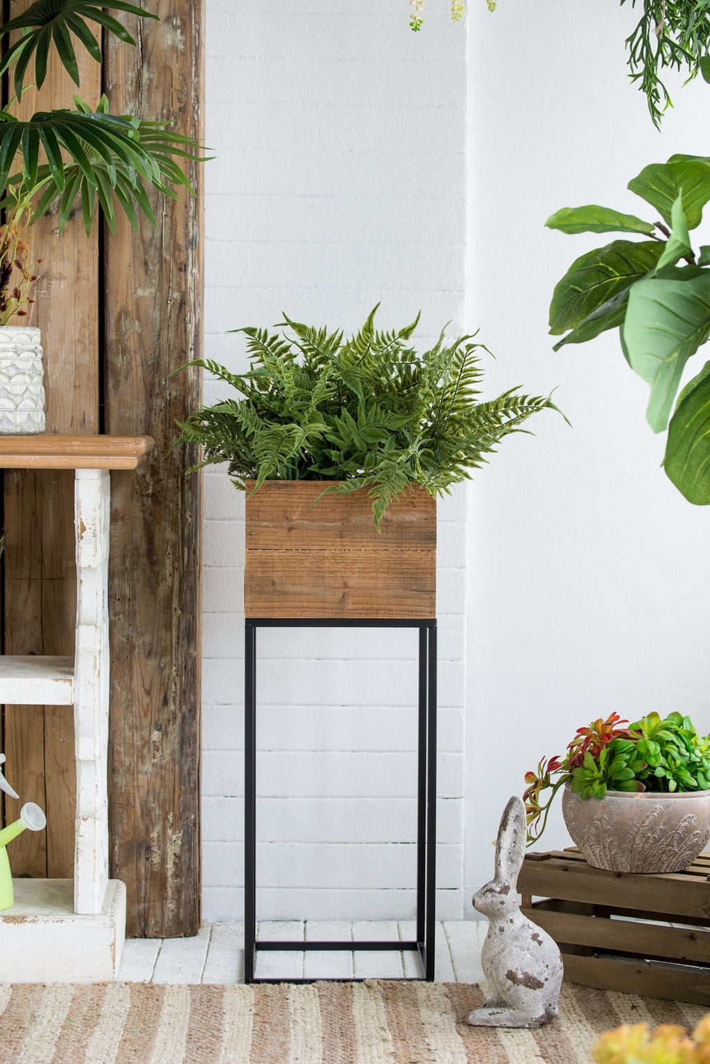 Set of 2 Reclaimed Wood Planters with Iron Stands