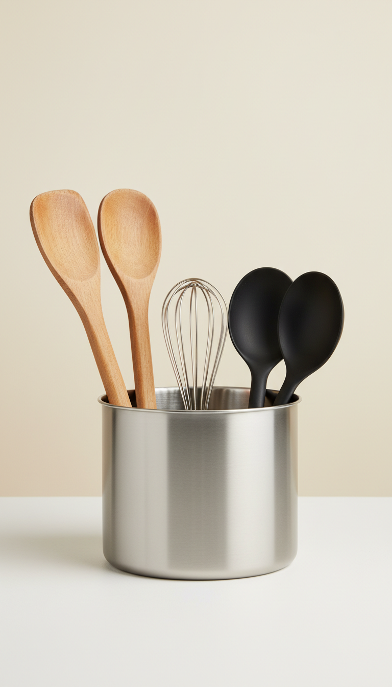 Matte stainless steel utensil organizer, Primary angle: three-quarter product view at eye-level for presence and...