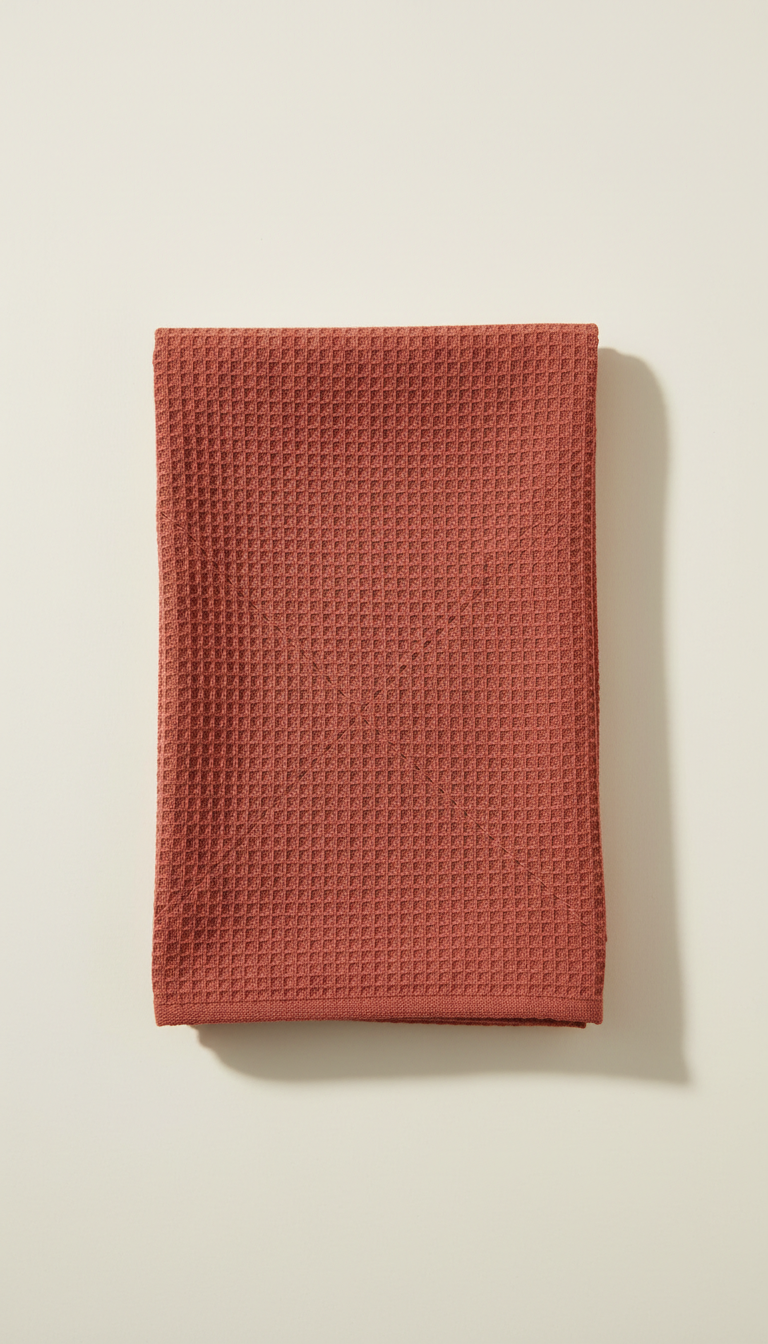 A perfectly centered image of a cotton kitchen towel in Tomato Red, displayed against a plain, light-colored background....