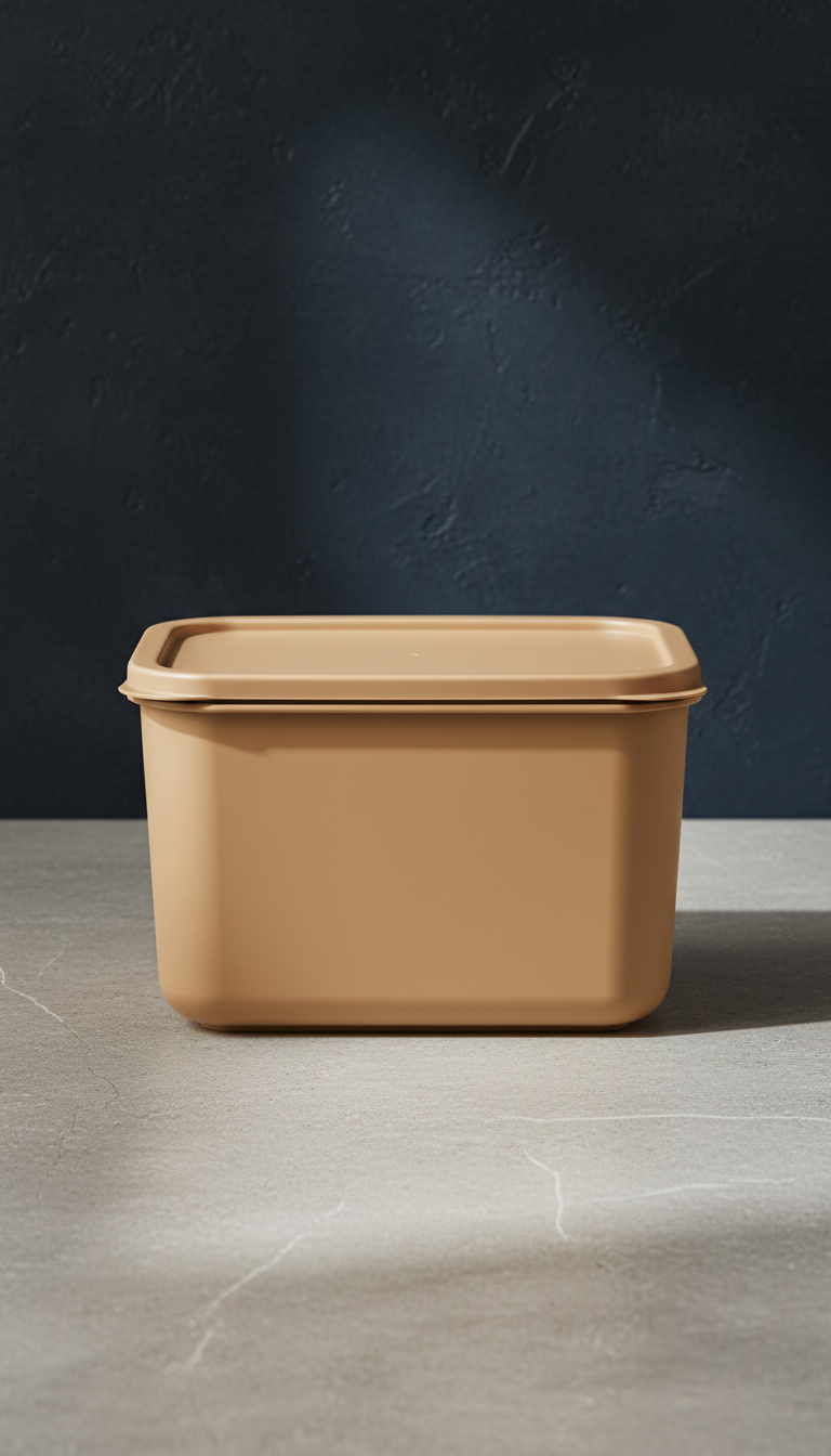 Tan Plastic Food Storage Container in a new setting