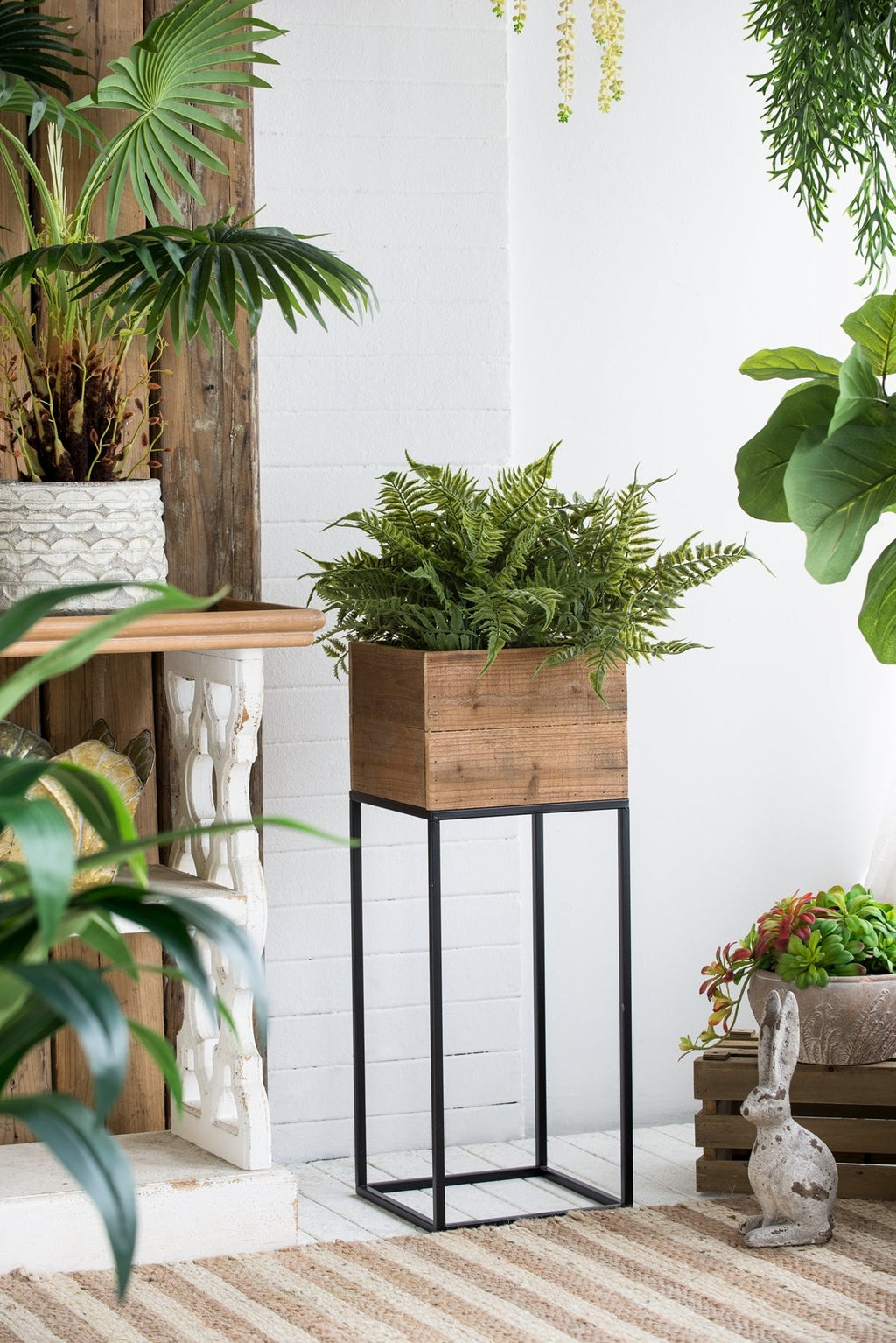 Set of 2 Reclaimed Wood Planters with Iron Stands