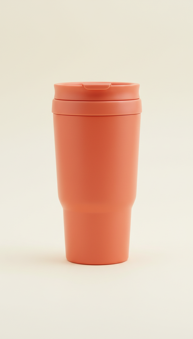 Coral Pop insulated travel mug, Products shot at a clean 3/4 angle on Bright Ivory seamless backdrop with one accent prop...