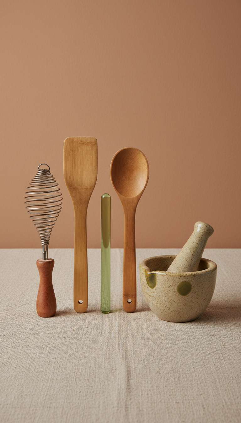 Mixing tools set, Use a 3/4 angle to capture the full kit and its components effectively. Position them on a textured...