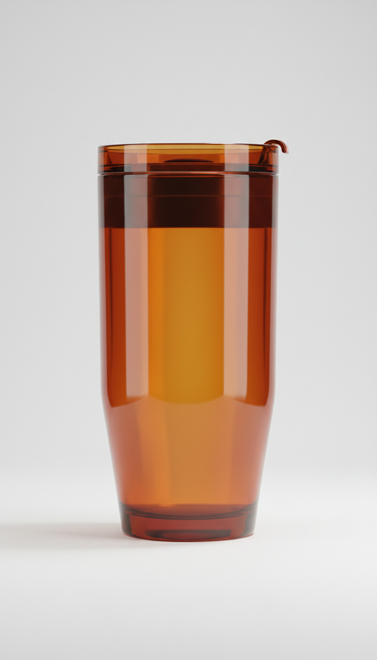 An amber glow insulated tumbler is perfectly centered in the frame, set against a clean, highlighting its sleek and...