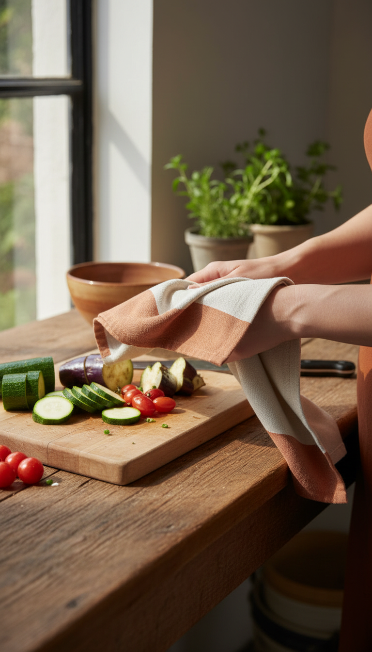 Linen Kitchen Towel Set with Clay Accent in use
