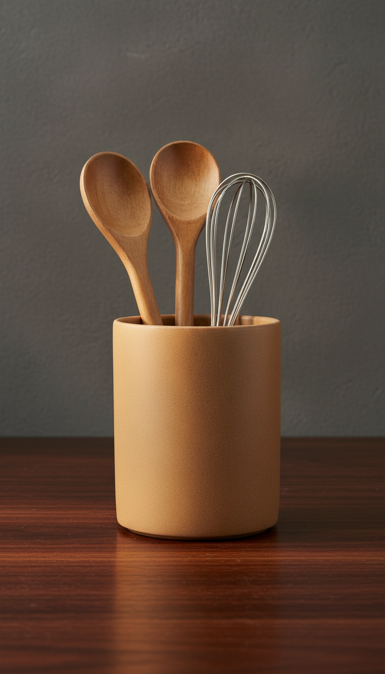 Matte ceramic utensil holder with a slender profile in a new setting