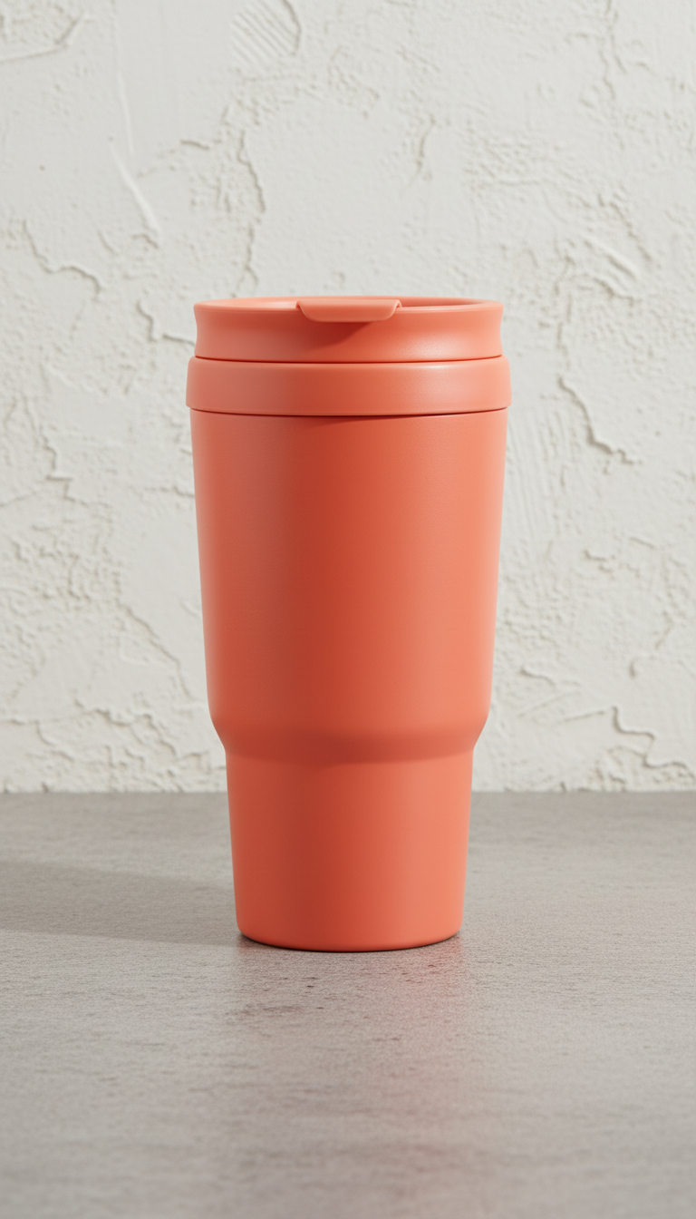 Insulated travel mug in coral pop in a new setting