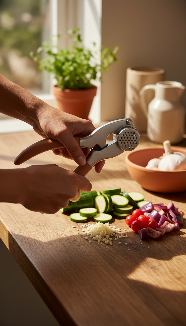 Ergonomic Garlic Press in use